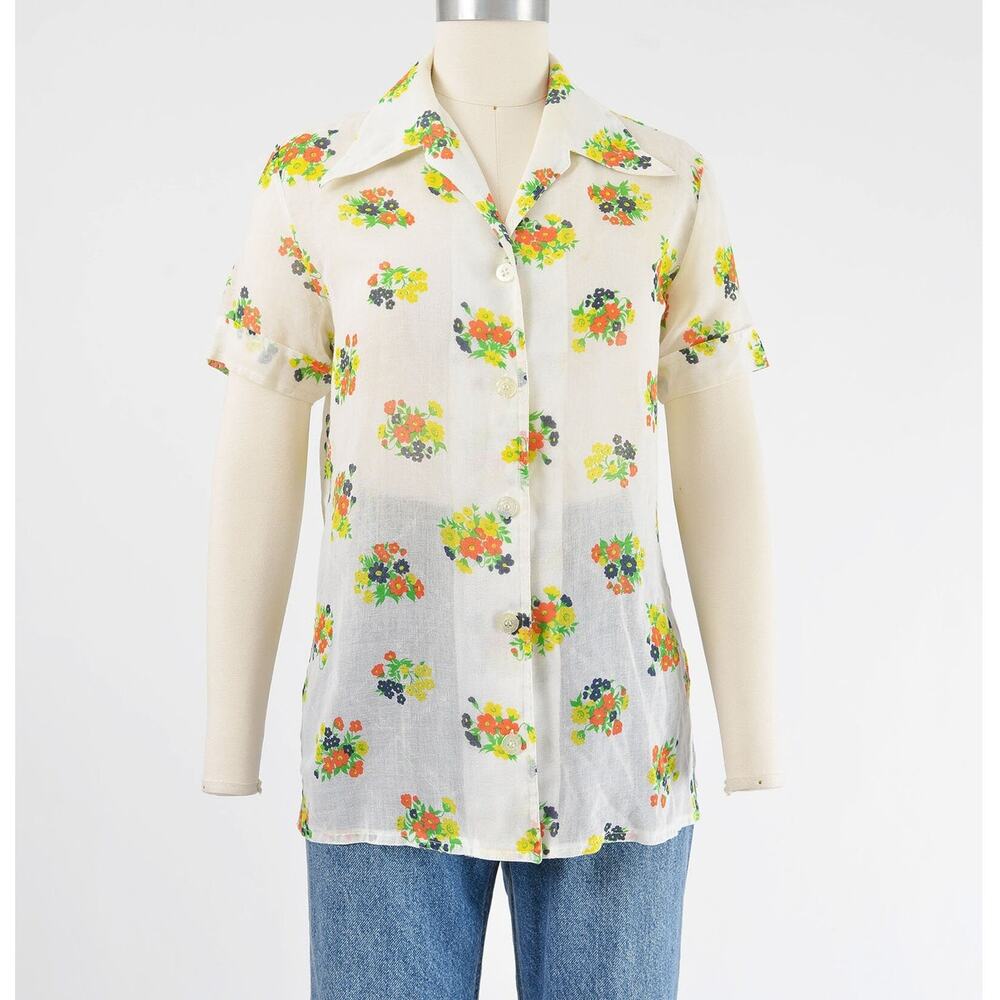 Vintage 70s White Floral Shirt Retro Sheer Voile Dagger Collared Blouse XS S